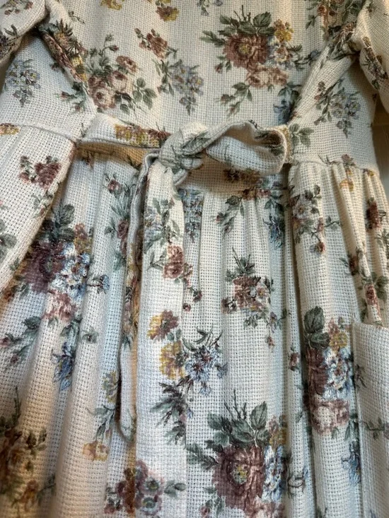 Vintage Linen Blend Cream Floral Midi Dress with Buttons - Picture 6 of 10